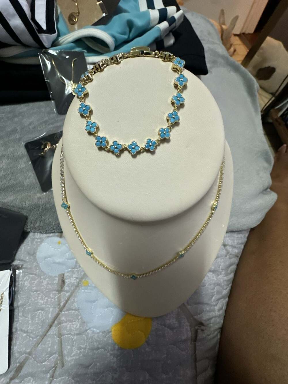 Gold Turquoise Clover And Crystal Tennis Necklace and bracelet set